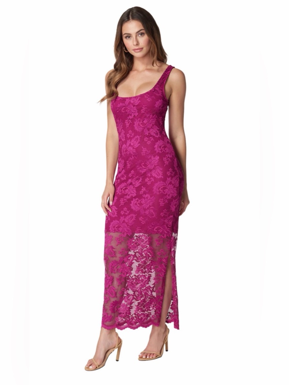 NWT Bebe Women's Fuchsia Marseille Floral Lace Square Neck Tank Dress Size M